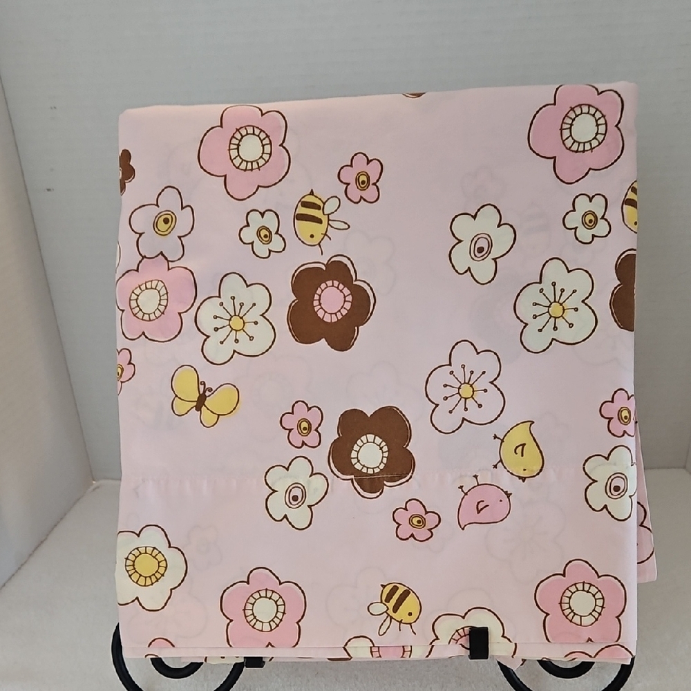 Home Floral Birds Bees Pink Brown Organic Cotton Twin Flat Sheet